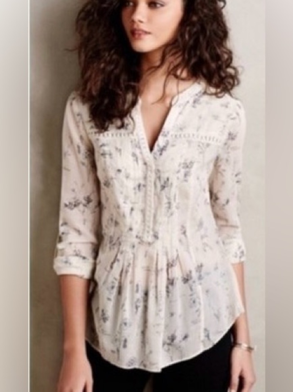 Maeve by Anthropologie Abella Pintuck Botanic Sketch Blouse
